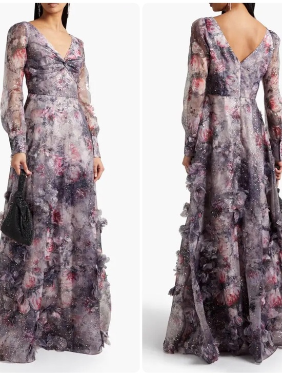 Marchesa Notte Dresses & Skirts - MARCHESA Twisted Floral Appliquéd  Printed Organza Gown Mauve Lilac